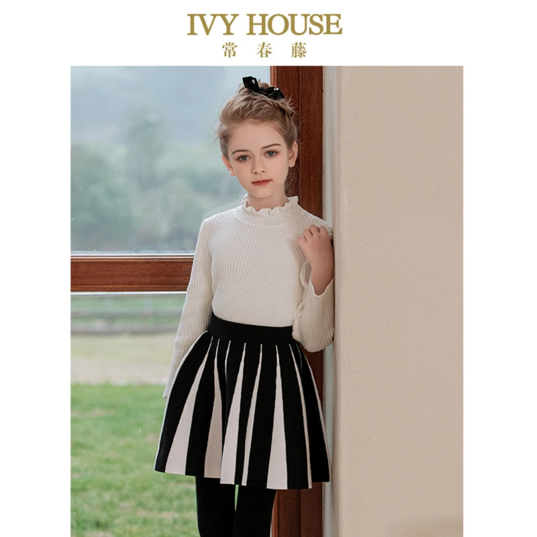 IVY HOUSE常春藤儿童装女童半身裙秋季款 竖条纹A字棉线短裙百搭