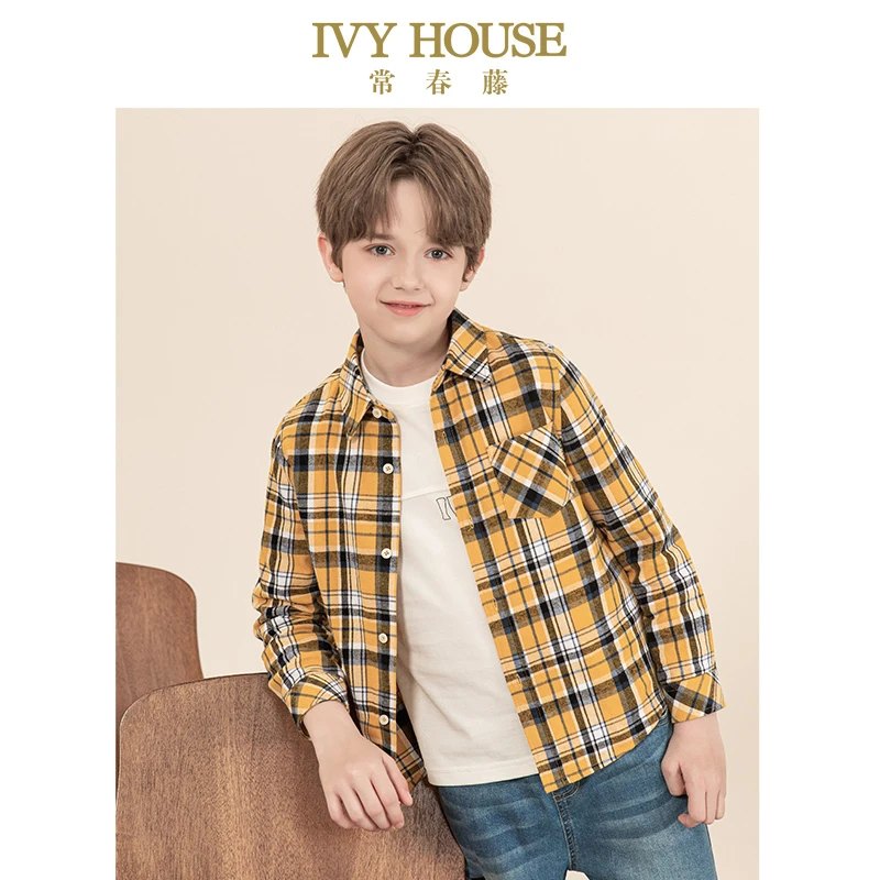 IVY HOUSE常春藤儿童装男童长袖衬衫2023秋季新款 格子衬衫学院风