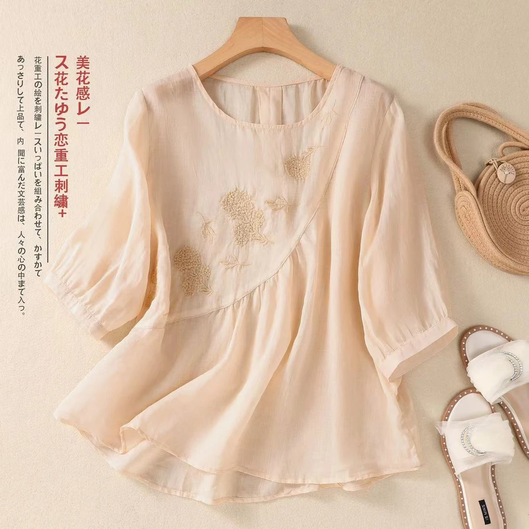 新中式衬衫T恤夏季新款文艺复古刺绣棉麻小衫宽松圆领套头上衣