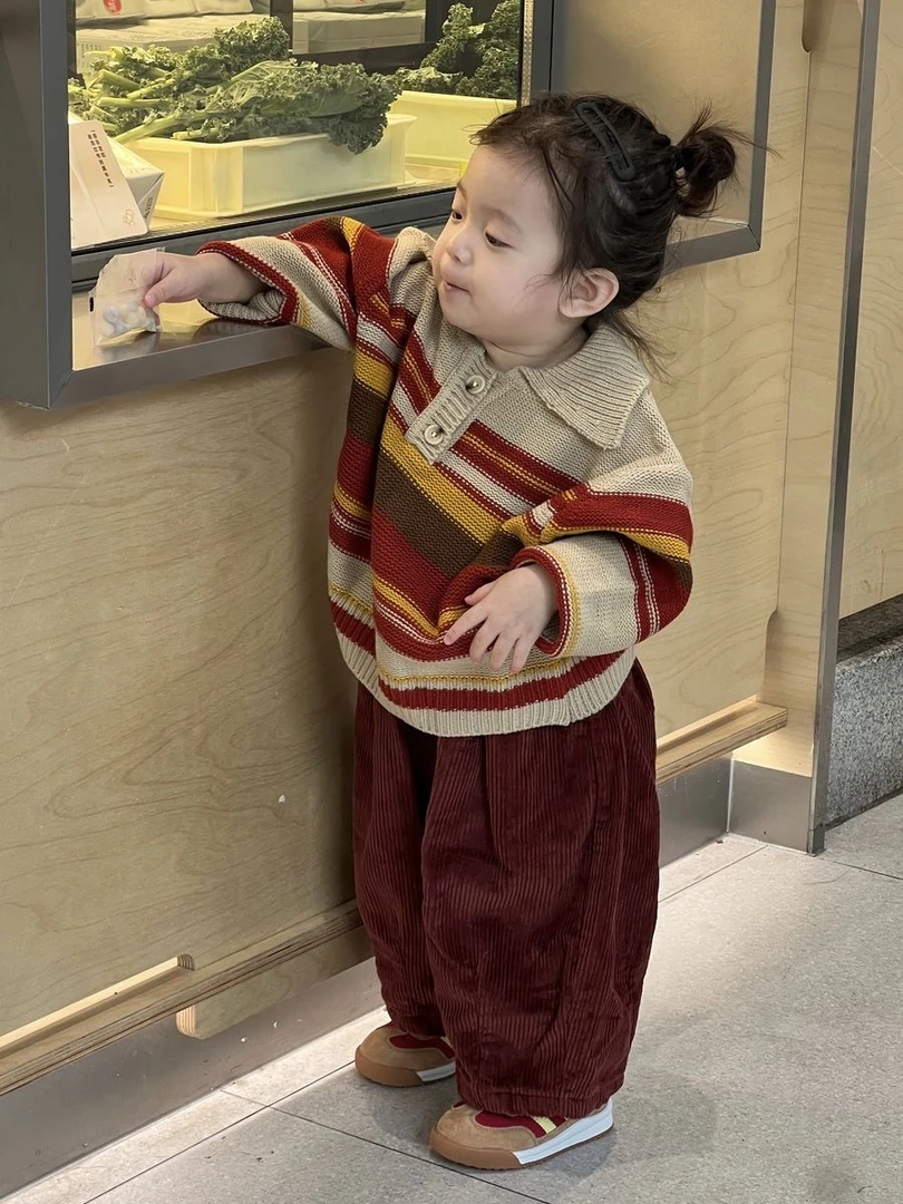 韩国童装2024秋装新款女童复古条纹翻领毛衣针织衫灯芯绒阔腿裤潮