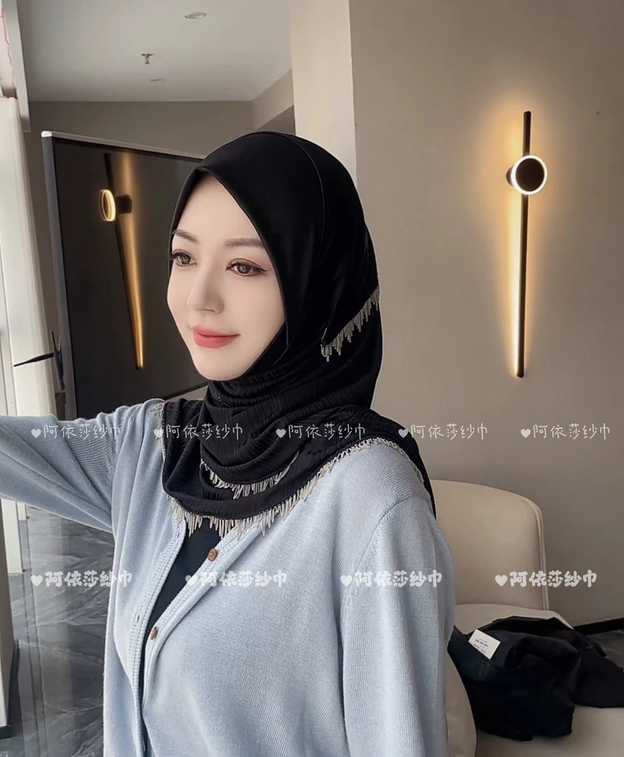 阿依莎秋冬水晶麻拼接水晶丝软帽檐套头三角巾高端纱巾回族头巾