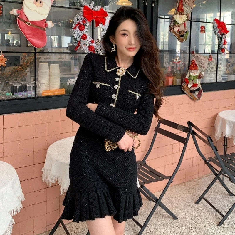 【冰冰专属】黑色连衣裙小香风名媛小个子收腰气质