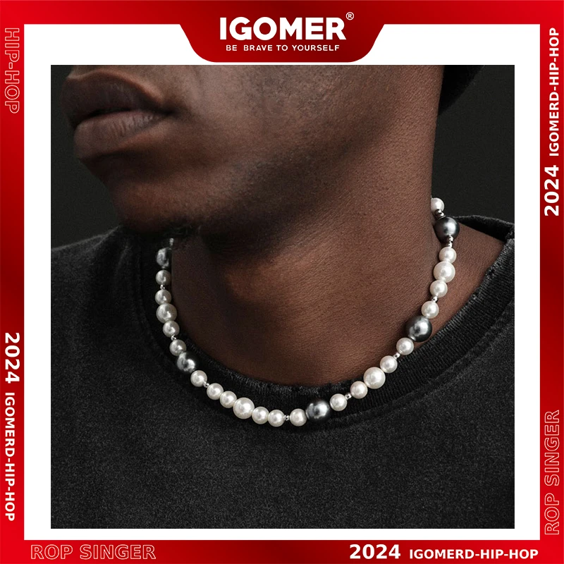 铜合金仿珍珠吊坠 IGOMER嘻哈灰白拼接项链男女个性百搭街头