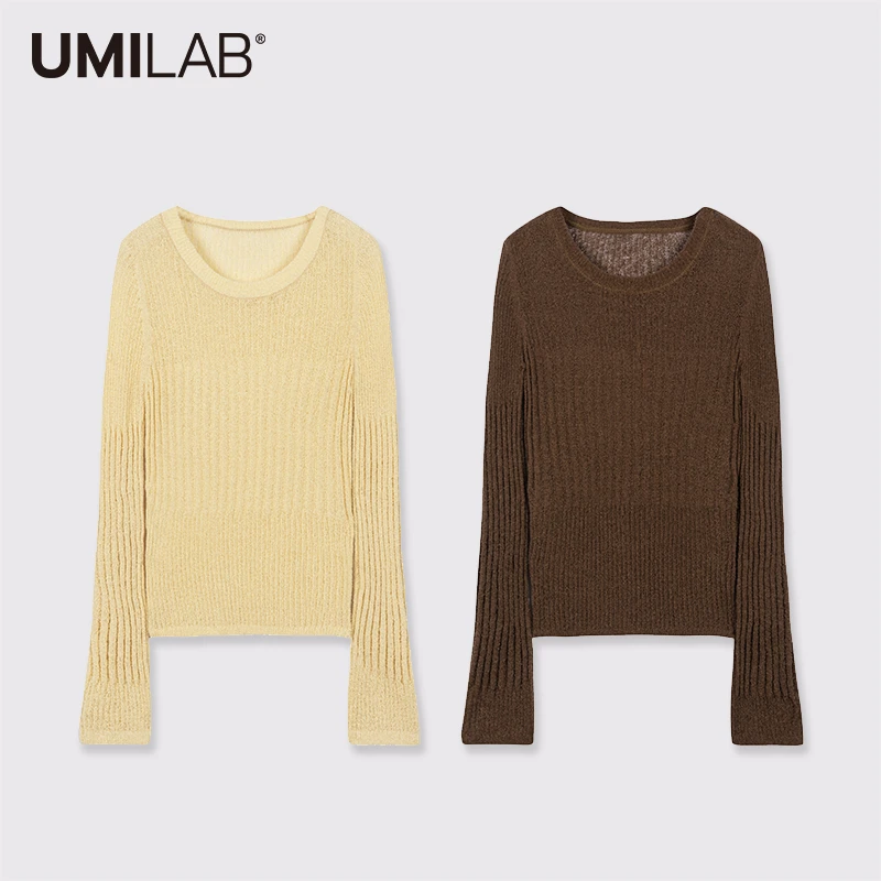 UMILAB【焦糖】优质长绒棉纱线竖坑条显瘦百搭圆领针织衫BM775H