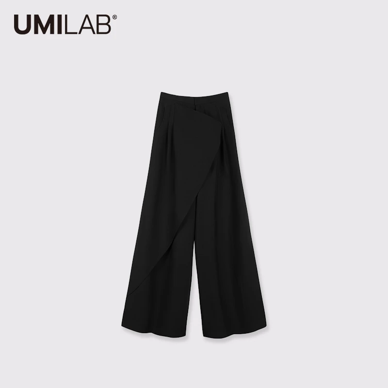 UMILAB小众设计不对称搭片元素质感垂顺羊毛人棉黑色阔腿裤P919W