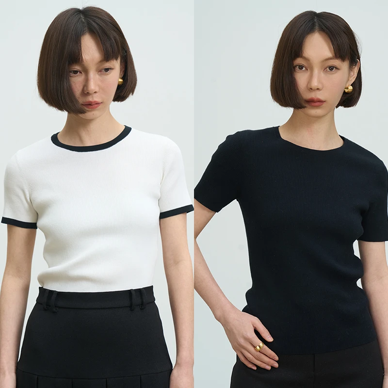 UMILAB【不退换】黑标 棉时尚黑白撞色针织T恤女春BM588W