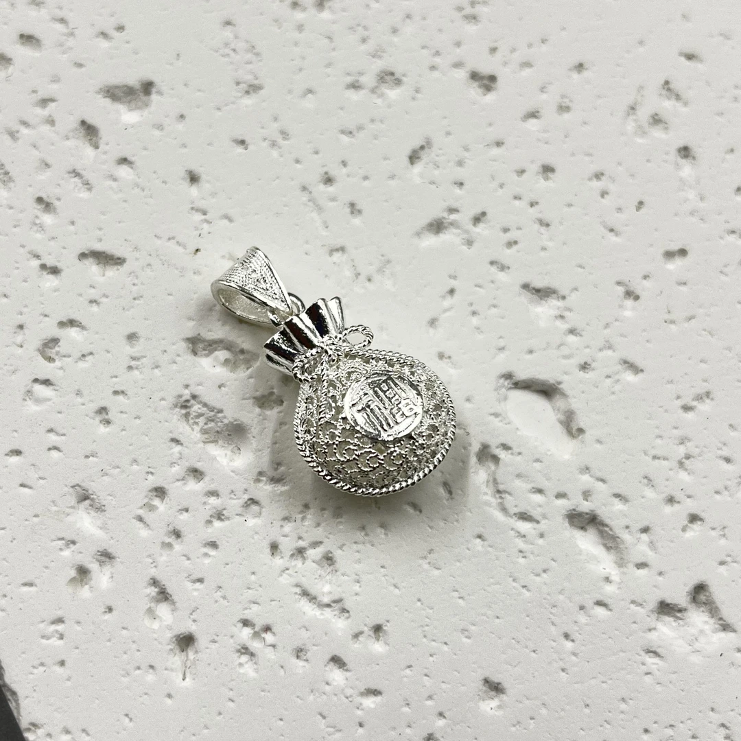 坠链均足银 足银镂空小福袋时尚百搭双面小众气质简约坠链个性