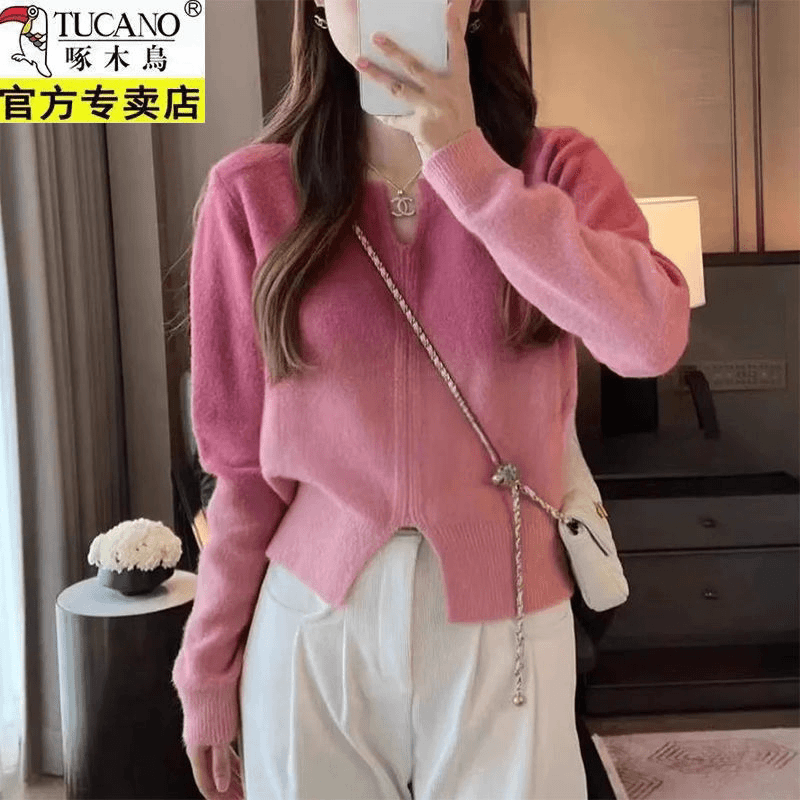 啄木鸟春秋季新款休闲百搭羊毛衫时尚拼色V领套头针织毛衣女