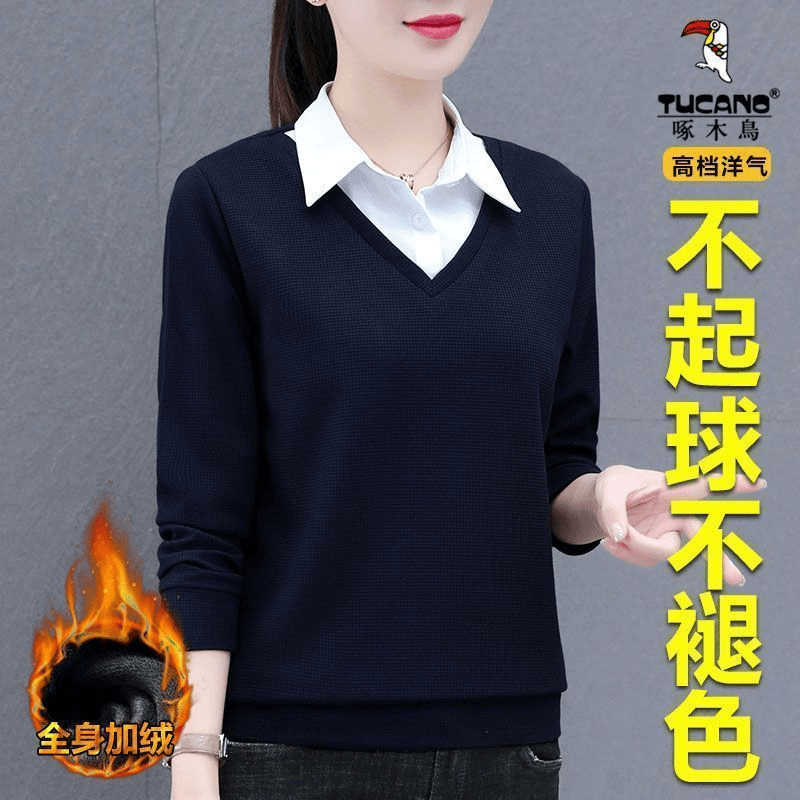 啄木鸟高档拼接假两件衬衫女长袖秋冬新款加绒打底一体绒保暖上衣