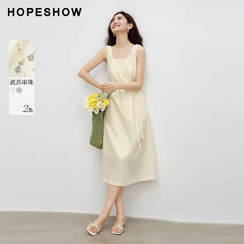 红袖夏季2024新款女装 收腰后拉宽肩方领套头连衣裙90124201602