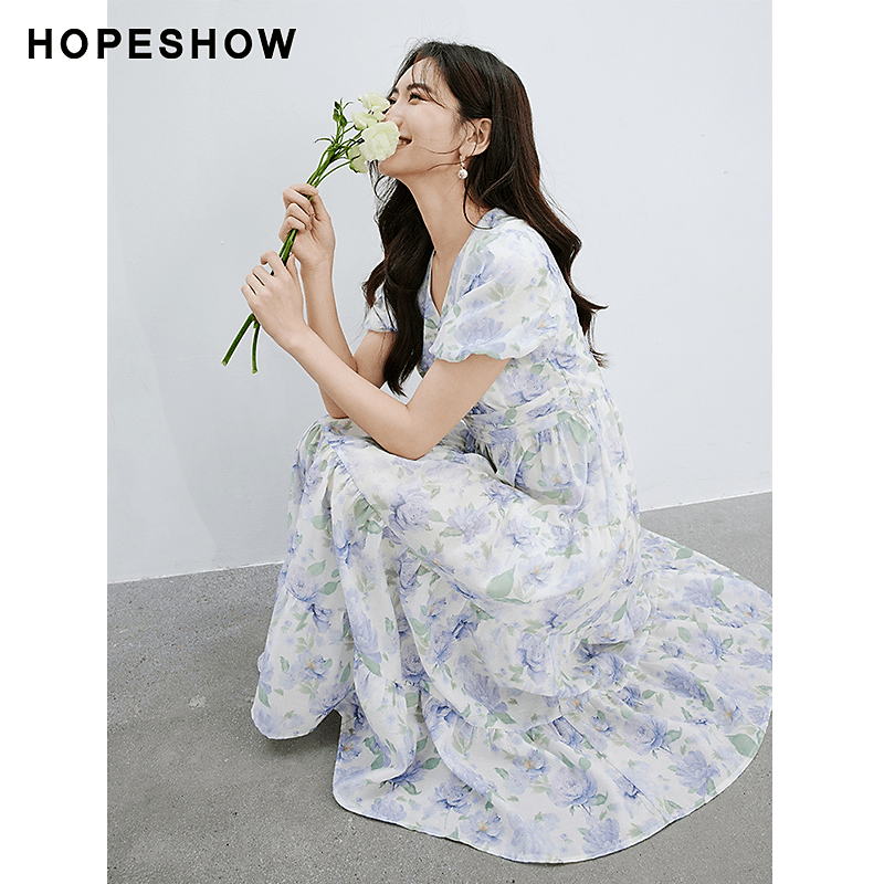 夏季2024新款女装  印花泡泡袖收腰V领套头连衣裙90124101605