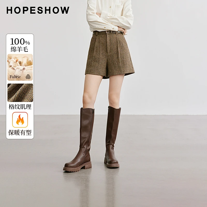 红袖冬季2024新款女装 复古格纹立体压褶A字短裤90124351202