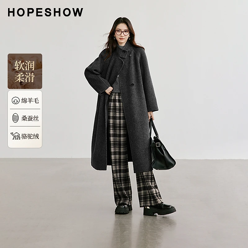 红袖冬季2024新款女装 系带插肩袖单排扣立领双面呢90124400803