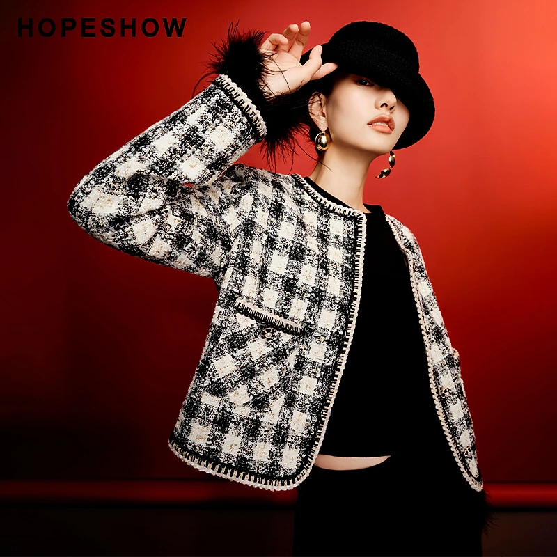 红袖春季2024新款女装 香风格纹织带边单排扣圆领外套90224480402