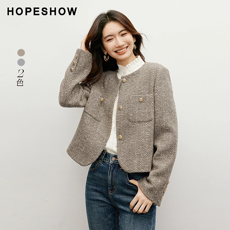 红袖秋季2024新款女装 亮丝人字纹正肩单排扣圆领外套90124320401