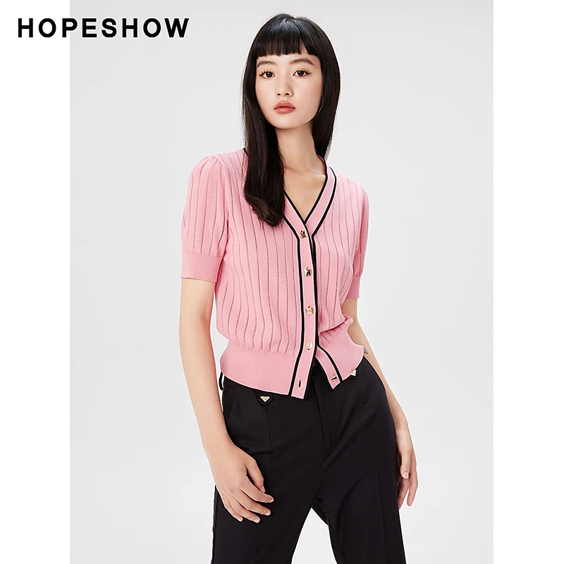 红袖秋季2023新款女装 撞色边挑孔单排扣V领针织开衫89123250103