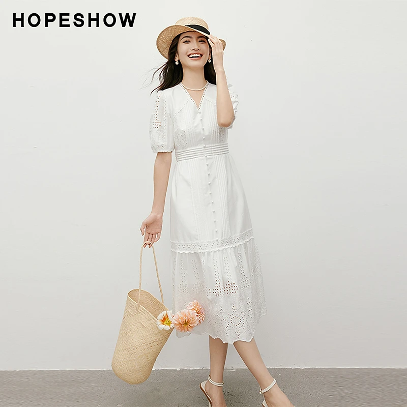 红袖夏季新款女装 收腰侧拉花边V领套头连衣裙90624181615