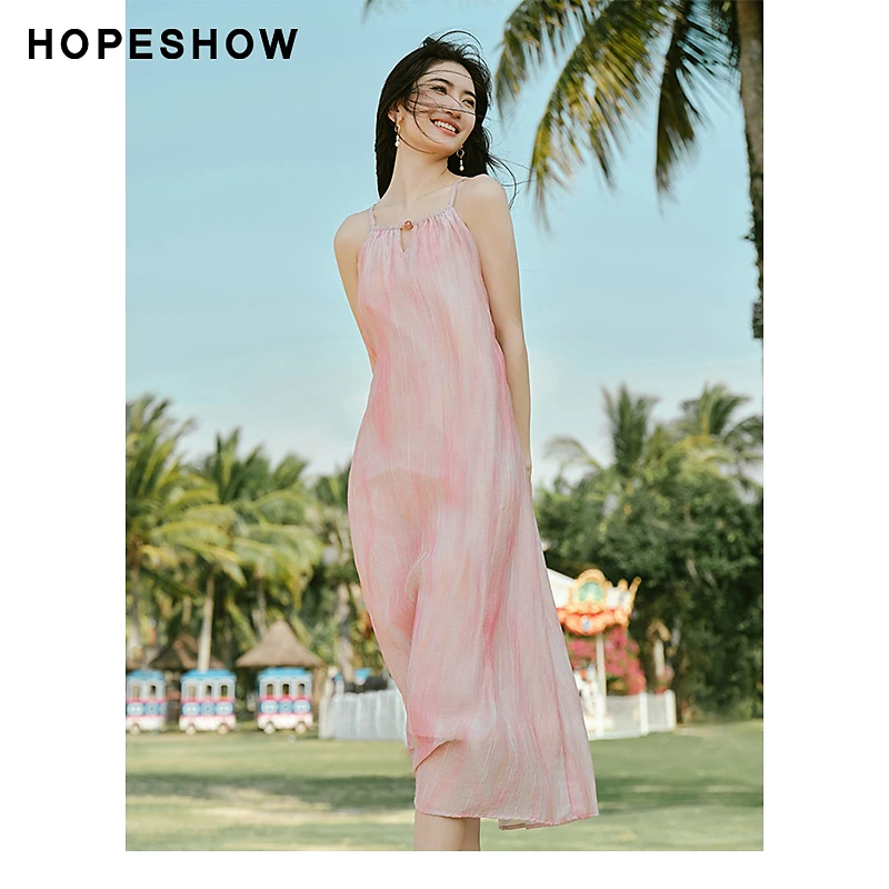 红袖夏季2024法式新款女装皱感镂空串珠挂脖领连衣裙90124151614