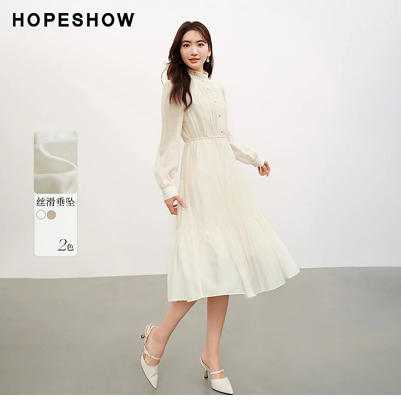 红袖春季2024新款女装 收腰木耳边立领套头连衣裙90124051603