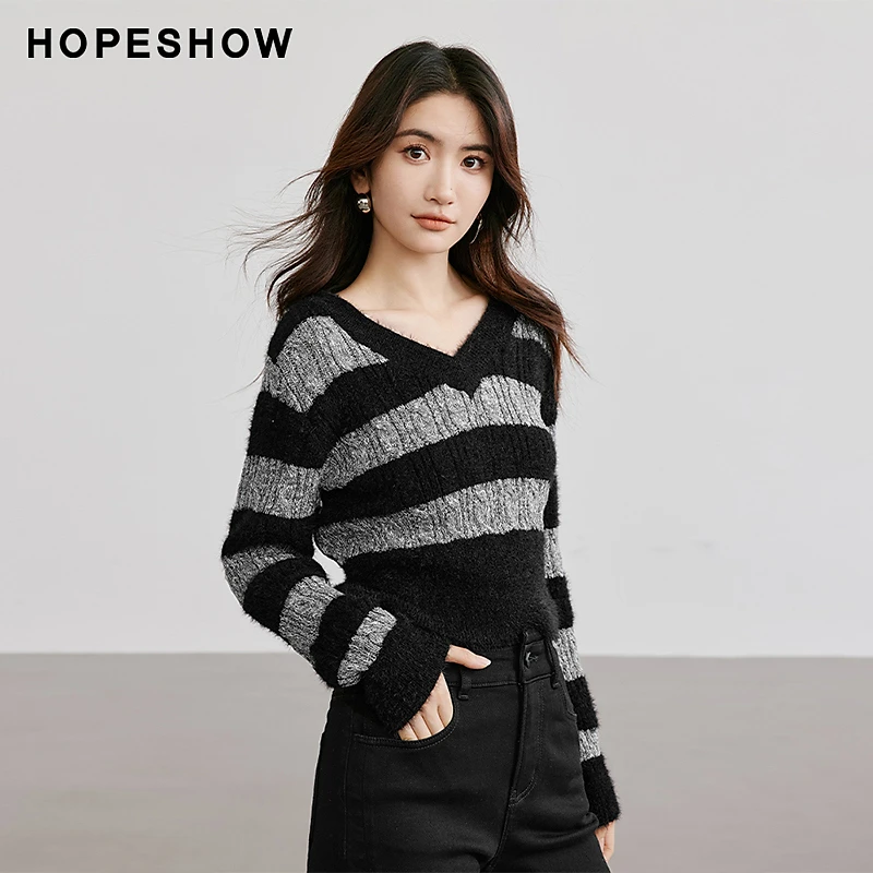 红袖冬季2024新款女装 条纹收腰正肩V领套头针织衫90124330107