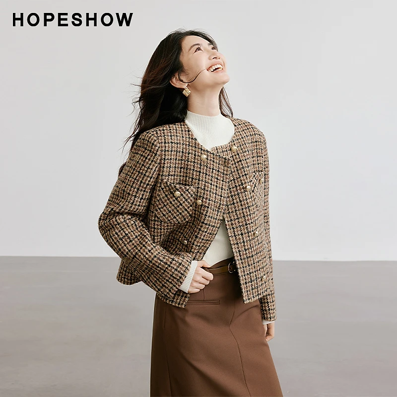 红袖冬季2024新款女装 复古格纹直身双排扣圆领双面呢90124330820