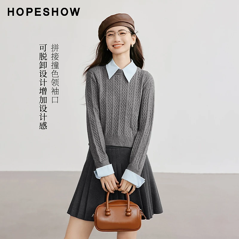 红袖秋季新款女装 学院风绞花拼接衬衫领套头针织90124380108