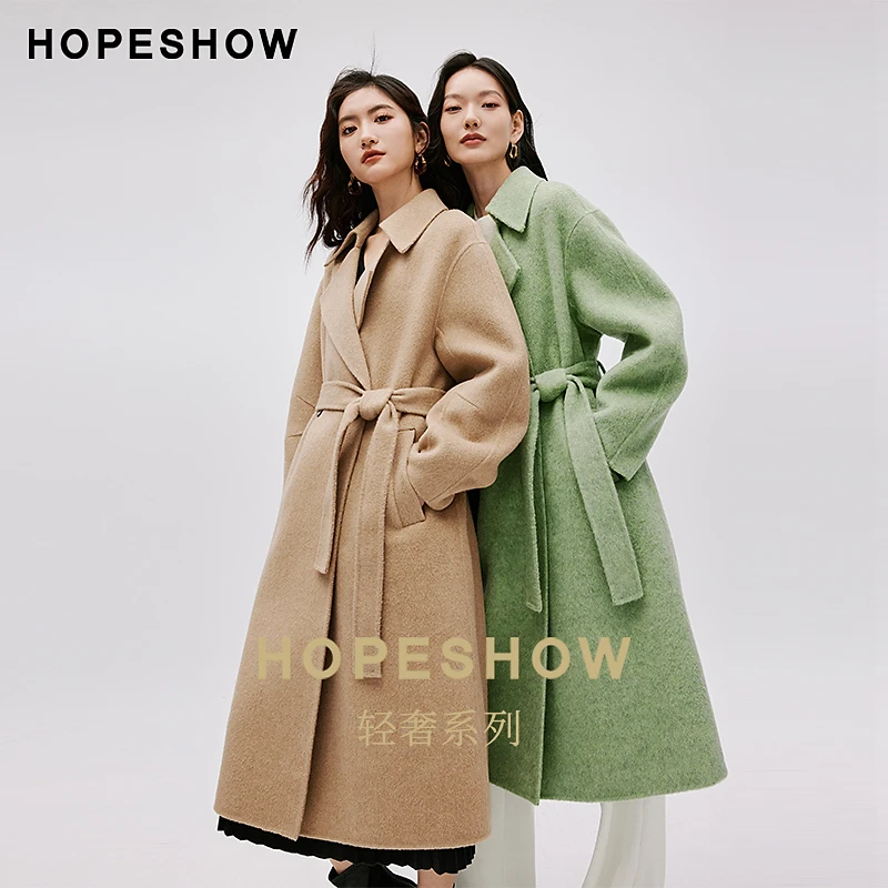 红袖冬季热力感女装 落肩双排扣双面呢长大衣90123380809