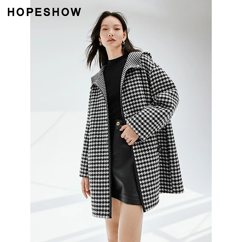 红袖冬季2023新款女装 落肩H型单排扣连帽领双面呢90123330806