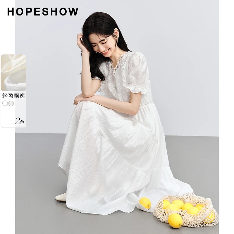 红袖夏季2024优雅新款女装泡泡袖收腰绣花边V领连衣裙90124111610