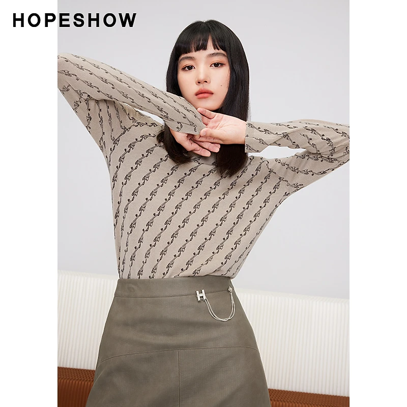 红袖冬季2023新款女装 主题印花半高领套头针织衫89123410116