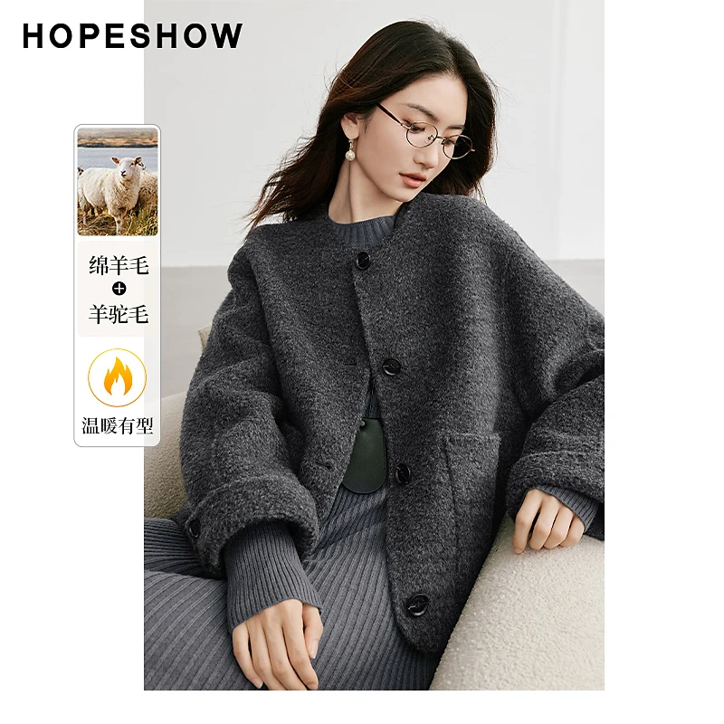 红袖冬季2024新款女装 香风混色落肩单排扣圆领双面呢90124330811