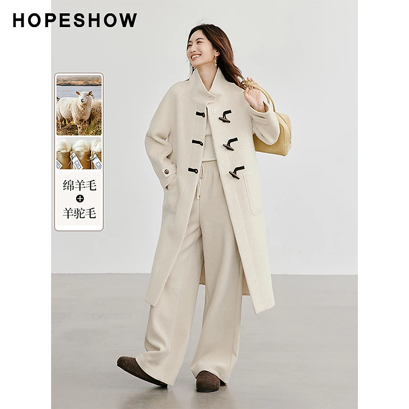 红袖冬季2024新款女装 连肩袖牛角扣立领双面呢大衣90624350807