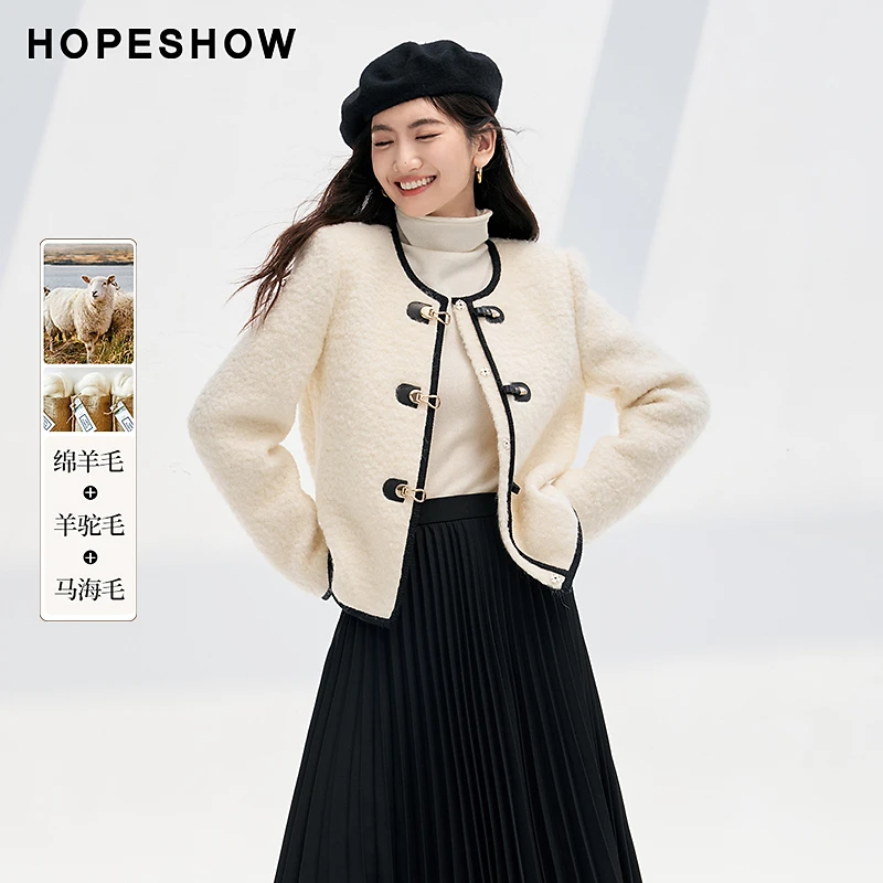 红袖冬季2023新款女装 国风织带单排扣圆领圈圈呢外套90123350403