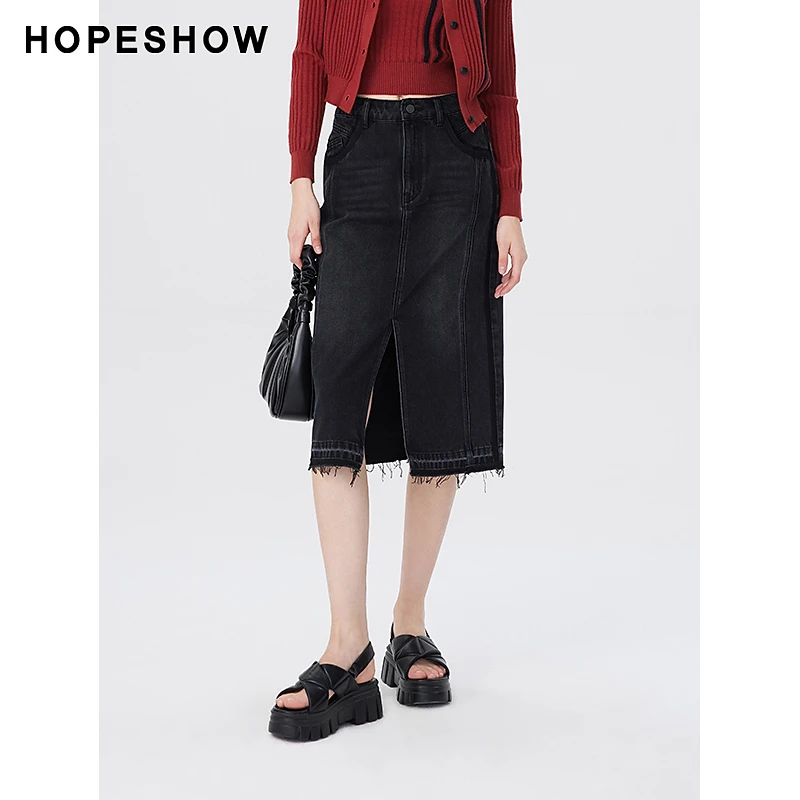 红袖秋季2023新款女装 开叉毛边一粒扣牛仔半身裙89223331503