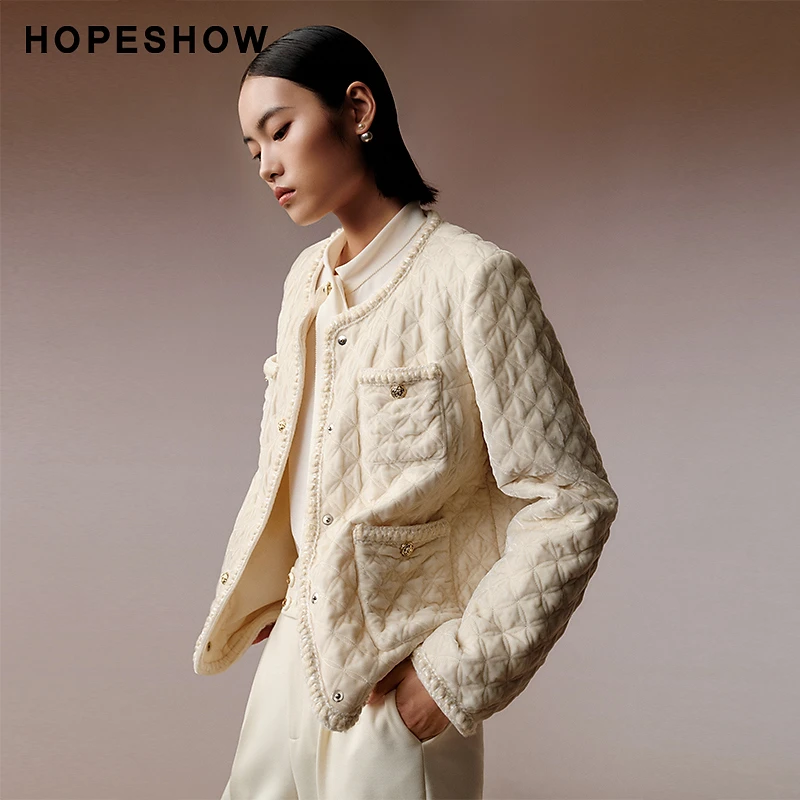 红袖冬季新款女装 香风织带边衍缝圆领丝绒棉衣89323371001