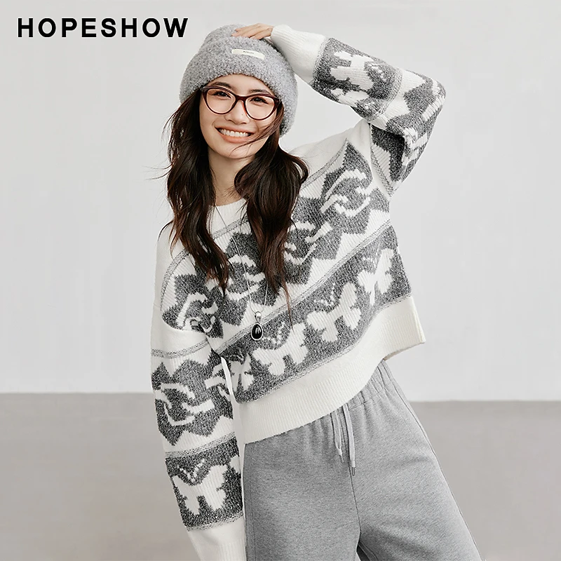 红袖冬季2024新款女装 蝴蝶提花落肩圆领套头针织衫90124330108