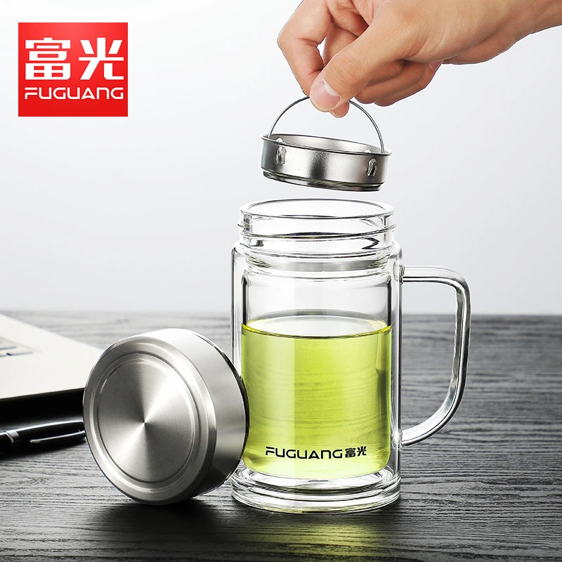 富光双层玻璃杯带把手大容量办公杯水杯男士商务茶杯便携杯子会议