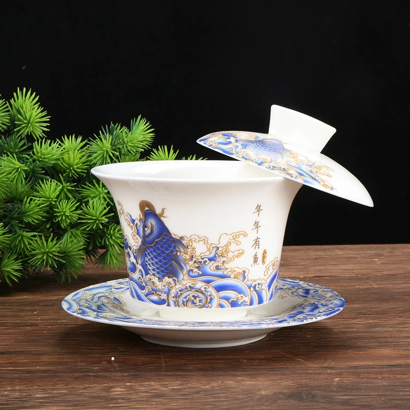 羊脂玉瓷悬停盖碗复古三才半手工茶盖碗中式茶道茶具摆件瓷盖碗