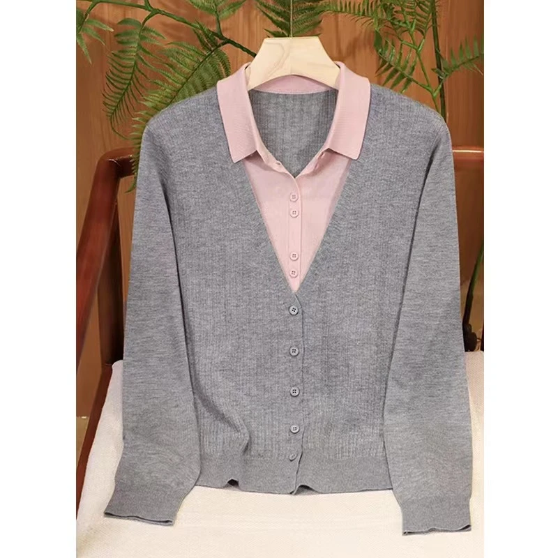 2024秋季新款假两件POLO领羊毛针织上衣女百搭长袖翻领开衫