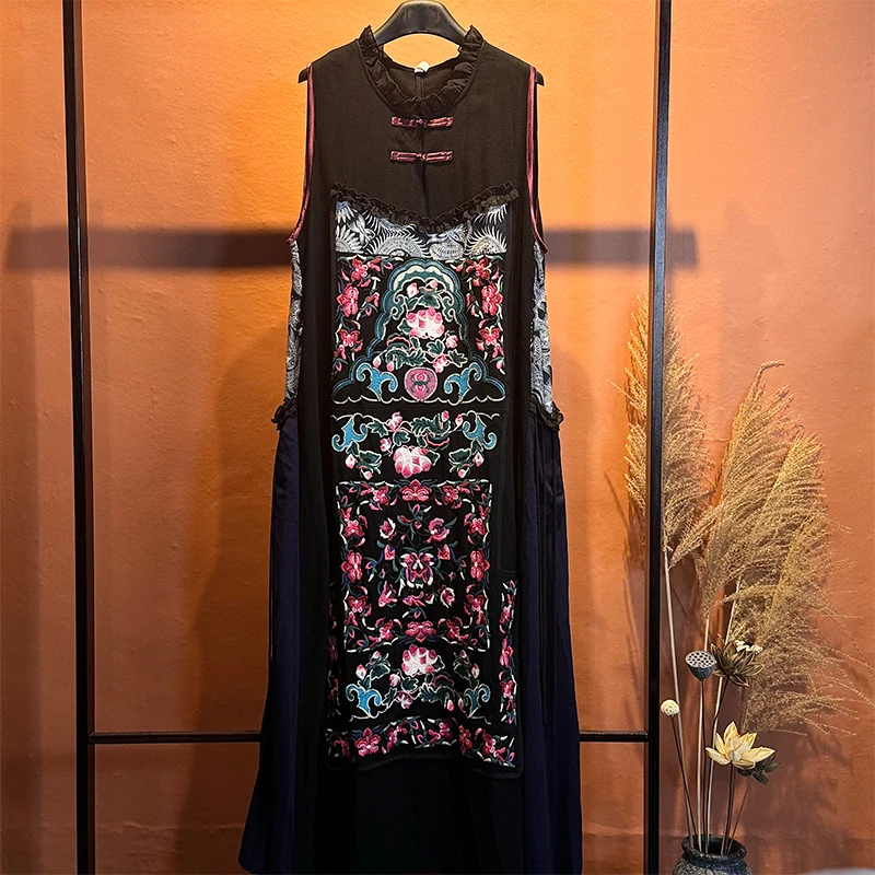 新中式长款中国风民族风重工刺绣复古荷花绣花女装设计师连衣裙