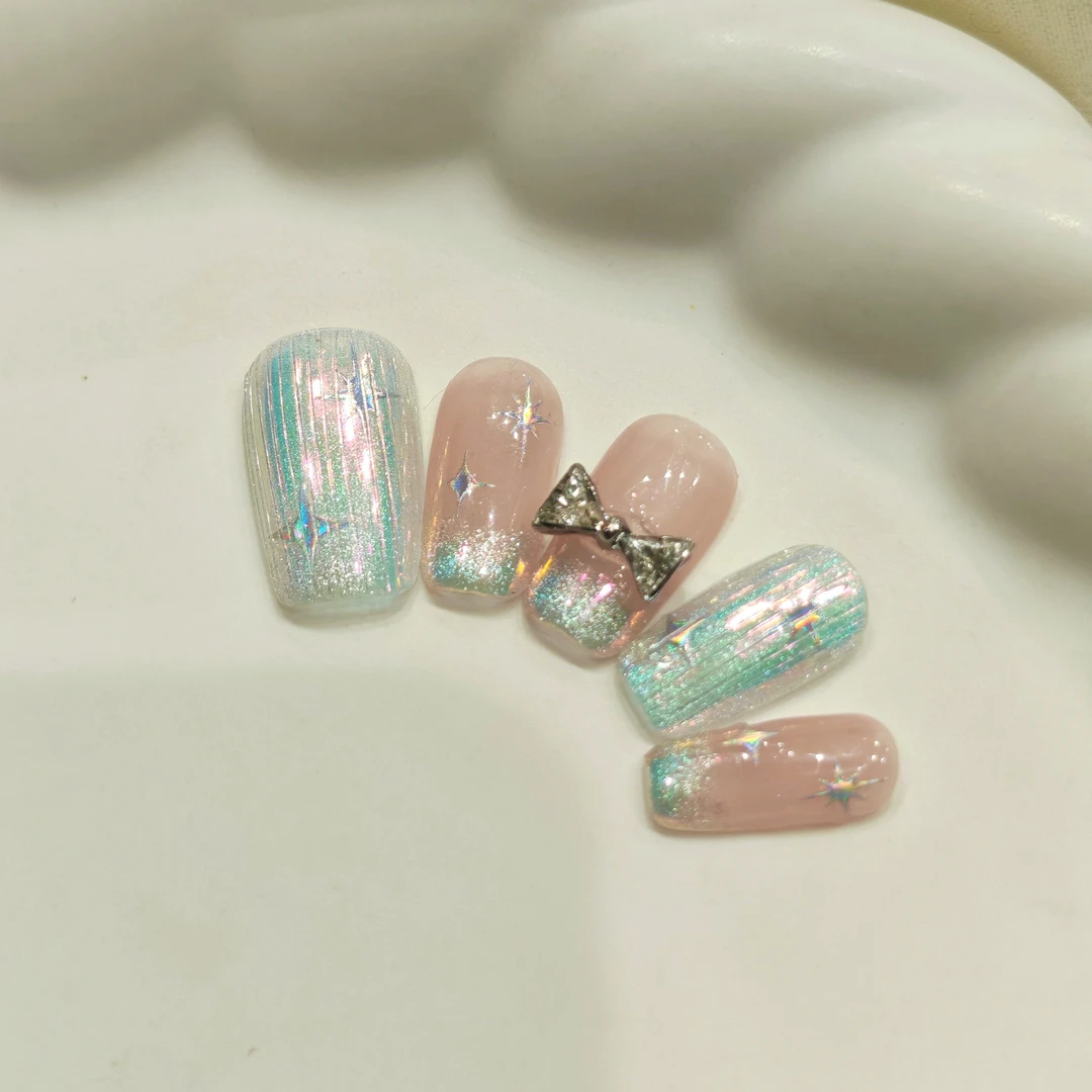 『浪漫星空』短款拉丝七彩四芒星纯手工穿戴甲