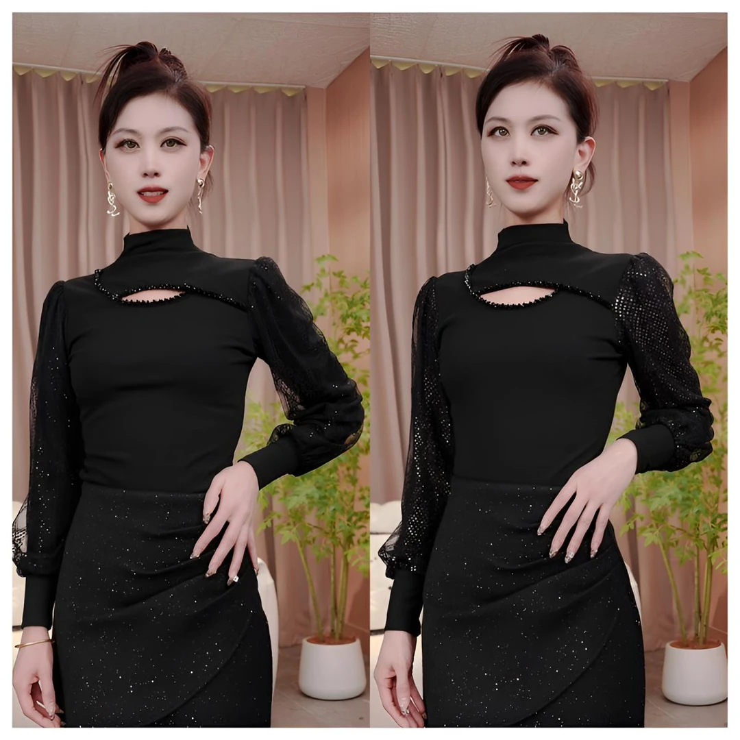 2024秋冬新款半高领长袖打底衫女气质镂空时尚修身洋气百搭上衣