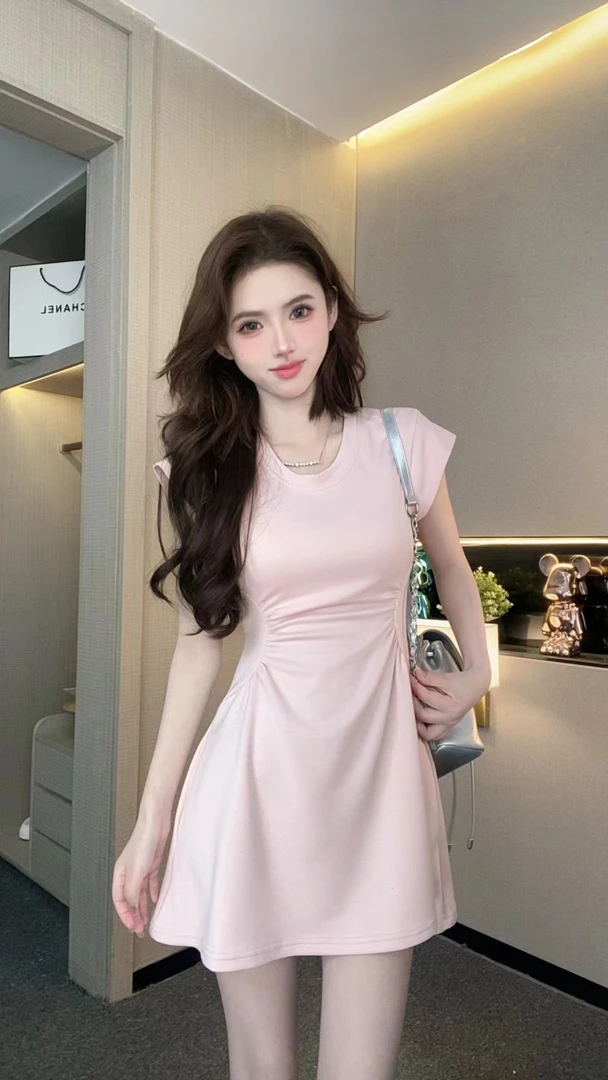 《G3》小雨2024夏季新款褶皱A字裙收腰小飞袖法式气质无袖显瘦