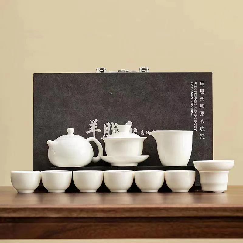 羊脂玉瓷盖碗茶壶套装茶具高档送礼必备新中式高颜值