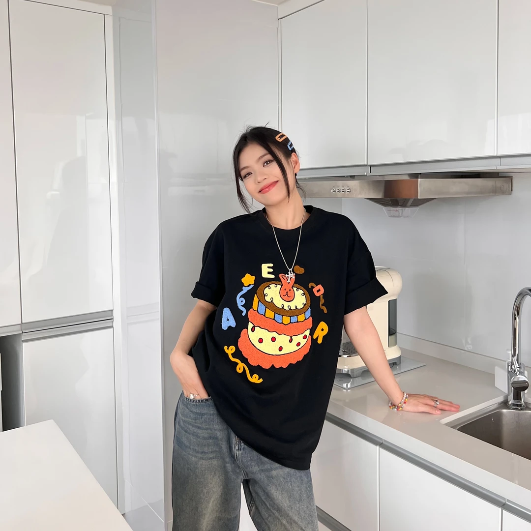 JKEK【蛋糕】毛巾绣蛋糕纯棉短袖女夏宽松体恤港味新款复古t