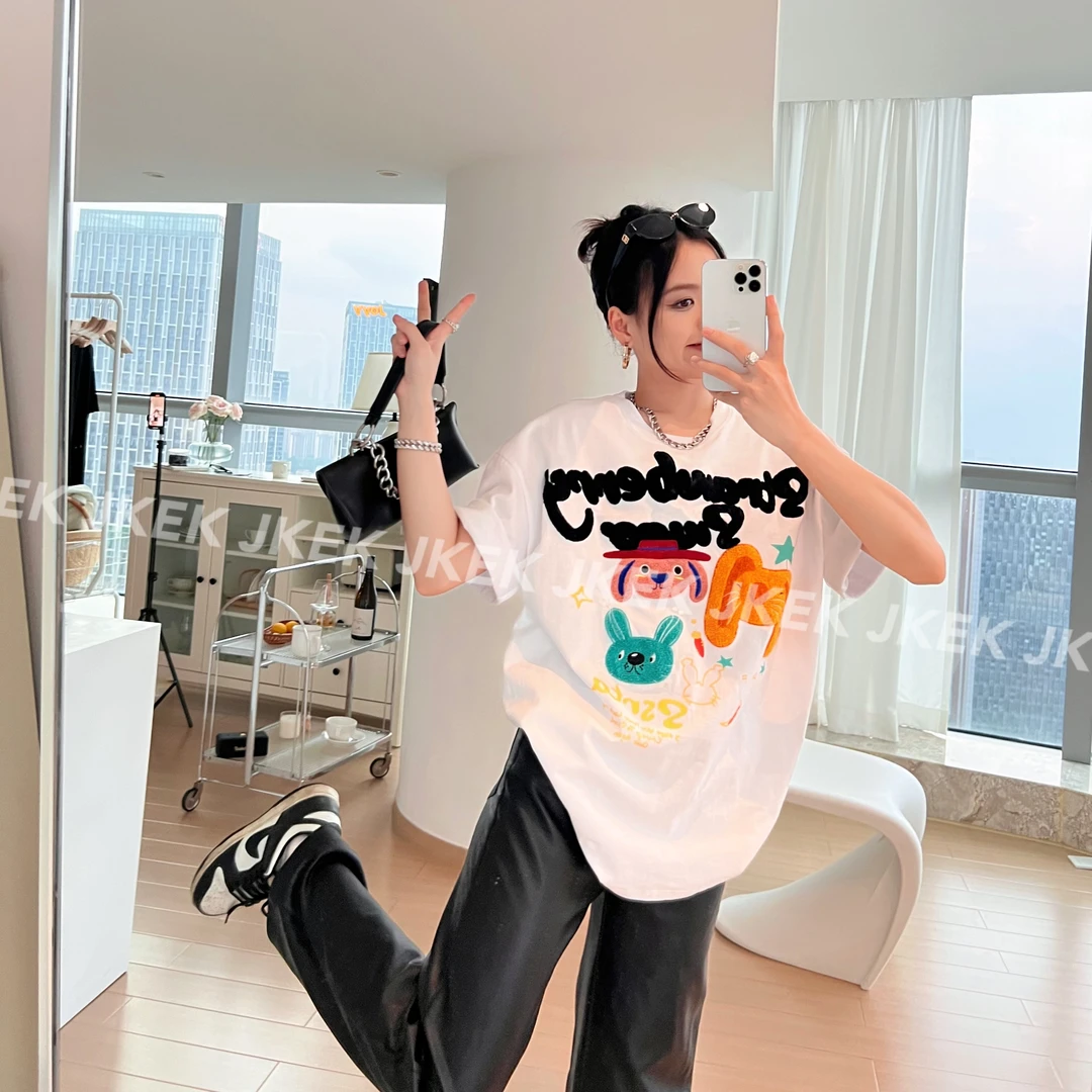 趣味兔毛巾绣T恤慵懒风落肩宽松显瘦纯棉夏季设计感小众3018