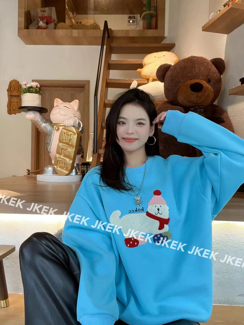 JKEK【圣诞小狗】新款港风贴布绣加绒卫衣小众设计加绒加厚套头上衣