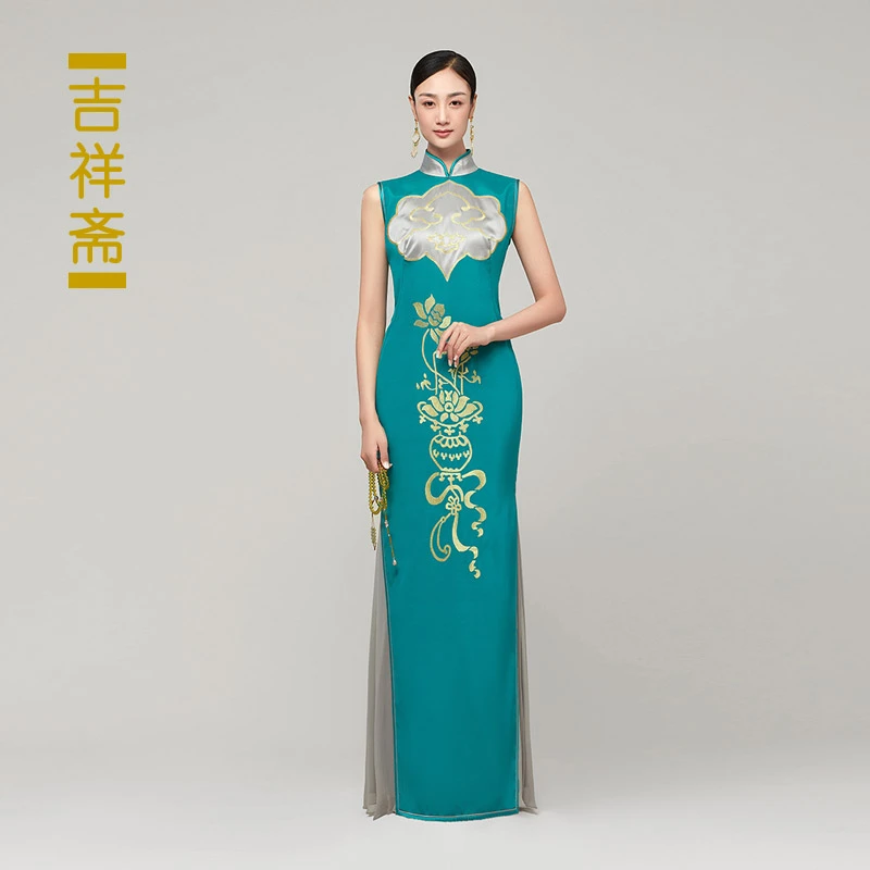 吉祥斋婉君旗袍小立领青莲纹绣桑蚕丝气质修身国风礼服211201019