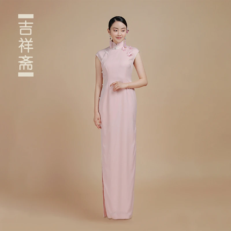 吉祥斋女装浮生粉黛长旗袍立体绣修身长款中国风礼服改良版旗袍