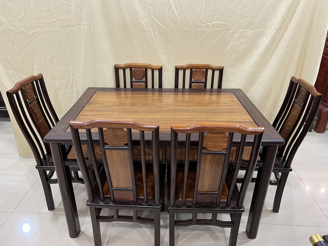 新中式分色黑檀餐桌现代简约大小户型禅意高端长方形饭桌椅子组合